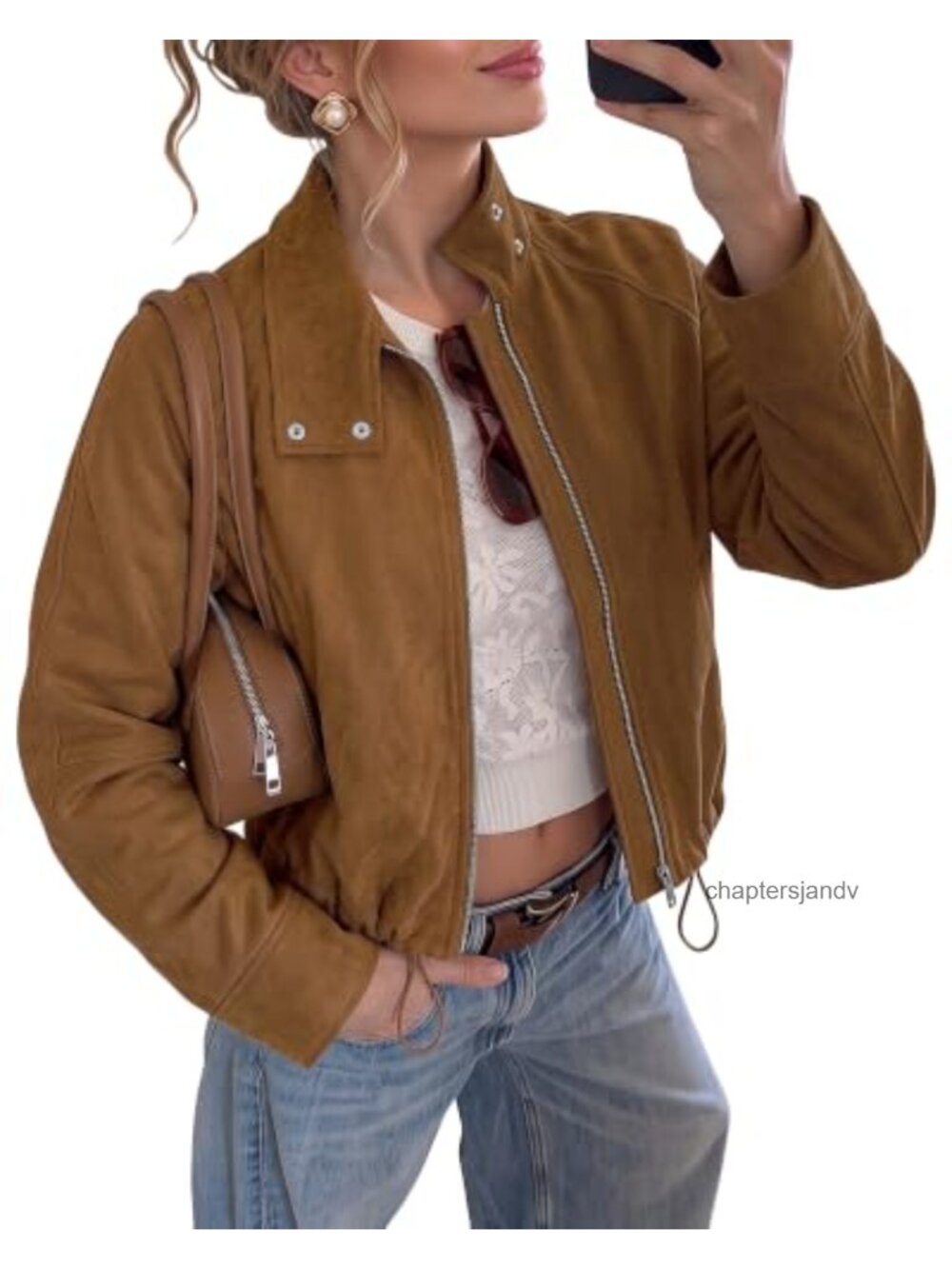Faux Suede Cropped Jacket Womens Zip Up Funnel Neck Casual